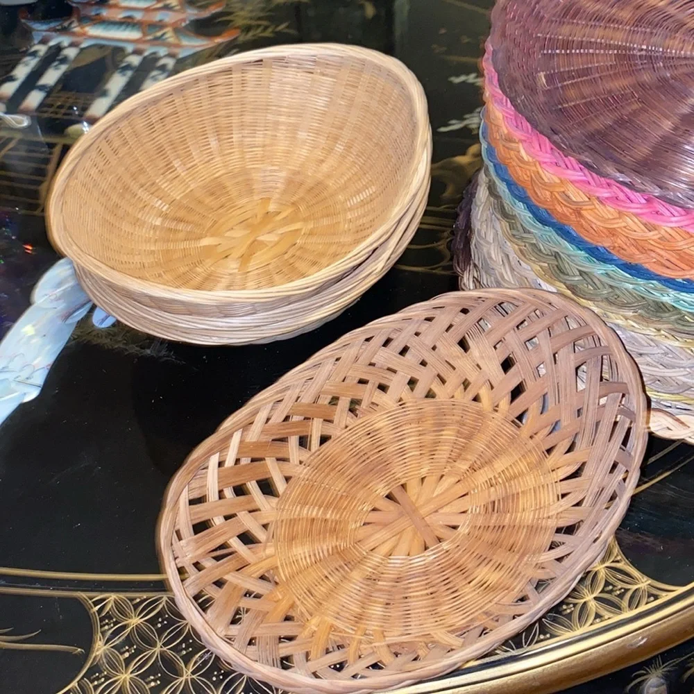 16 Vintage bamboo Woven PAPER PLATE HOLDERS multiple color + 4 oval bowls